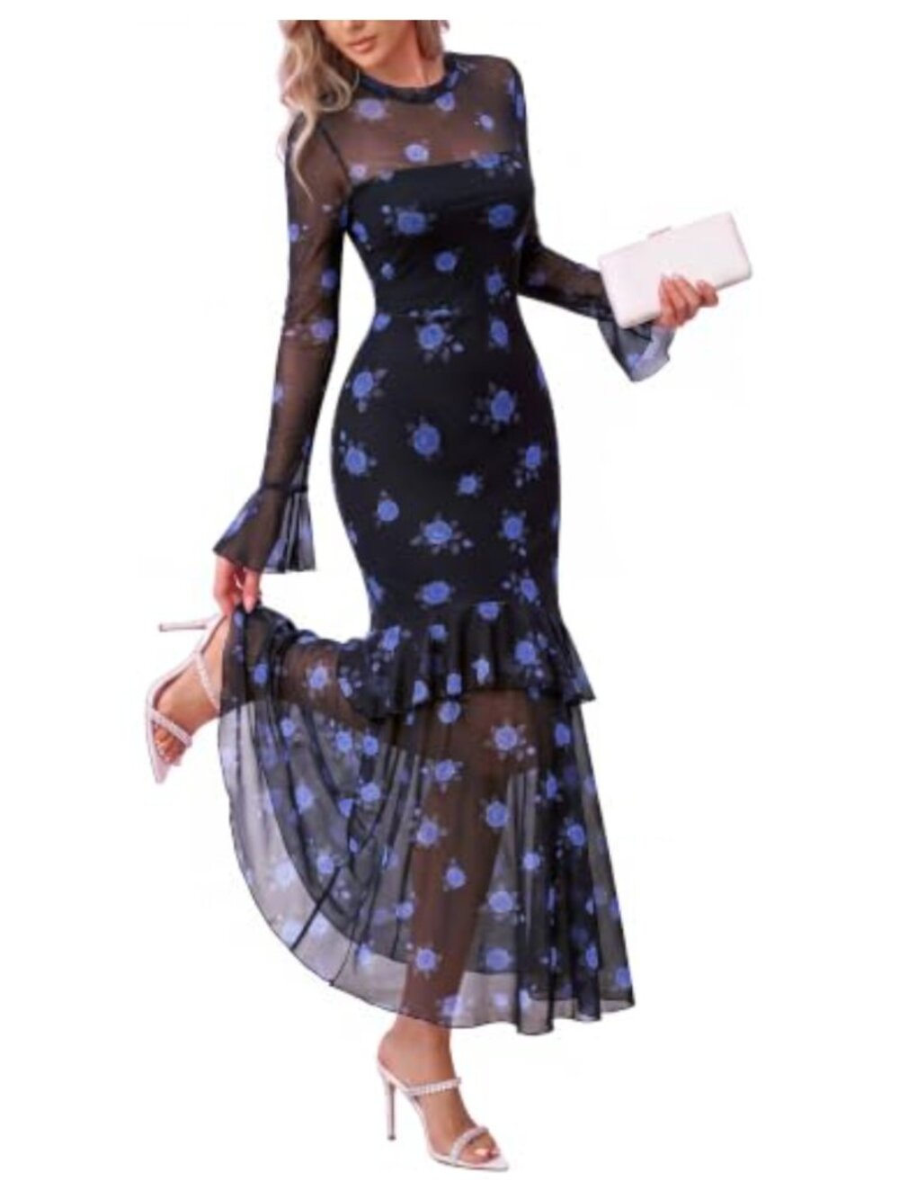 Elegant Floral Long Sleeve Tiered Ruffle Maxi Dress Wedding Guest